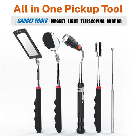 Telescoping Magnetic Pickup Tool Set With 1 Lb And 15 Lb Magnetic Probes, inspection mirrors, LED flashlight displayed on white background