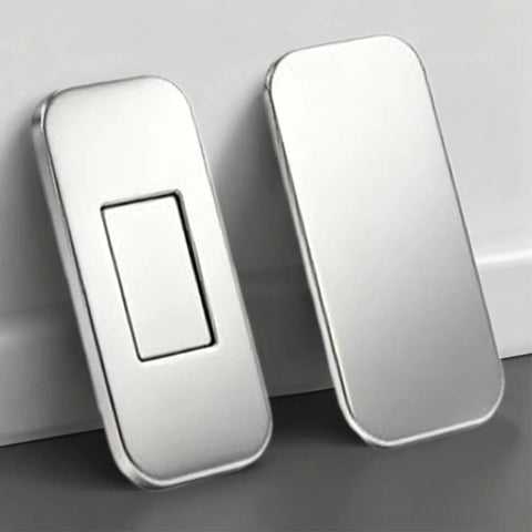 Get These Super Sleek 8Pcs Ultra Thin Magnetic Cabinet Door Catches For A No Drill Install That Looks Totally Sick And Keeps Your Doors Shut Silent With Zero Mess Or Tools Needed. Close-up of silver stainless steel cabinet door catches.