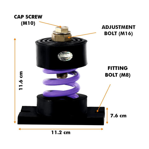 Rock Solid Cup Spring Mount Vibration Isolators 550 Lb Capacity Each One Inch Deflection Non Skid Neoprene Base dimensions and bolts.