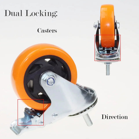 Close-up of Heavy Duty Four Inch Orange Stem Caster Wheels M10 Thread Dual Locking Swivel showing dual locking mechanism.