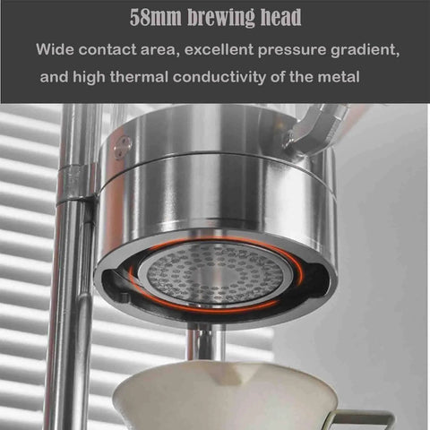 Straight Up Manual Espresso Machine With 16 Bar Pressure Lever Operated Design and Visual Gauge, 58mm brewing head detail.