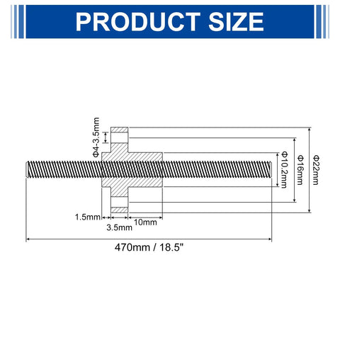 Two Pack 470mm TR8x8 Lead Screws With Brass Nut For 3D Printer Upgrades, 304 Stainless Steel Rod, Acme Thread, 2mm Pitch, 4 Starts, 8mm Lead, Includes Plastic Packaging Tube, Silver product size diagram, 470mm length
