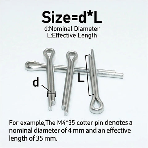 304 Stainless Steel Cotter Pin Set Kit With M1.5 To M6 Sizes, Whistle Hairpin U Pins, shown with size dimensions
