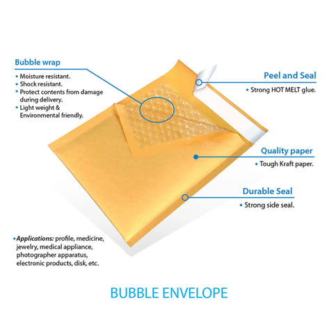 Bulk Pack Of 500 Kraft Paper Bubble Mailers Self Seal Padded Envelopes 4 By 8 Inches with labeled features