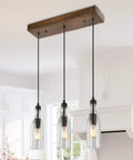 Three Light Wooden Pendant Light With Height Adjustable Clear Bottle Glass Shades, Industrial Farmhouse Style Ceiling Fixture