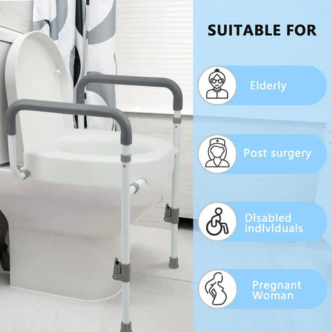 Heavy Duty Raised Toilet Seat Riser with Secure Armrests and Soft Grip Handles supports elderly, post-surgery, disabled, and pregnant users.