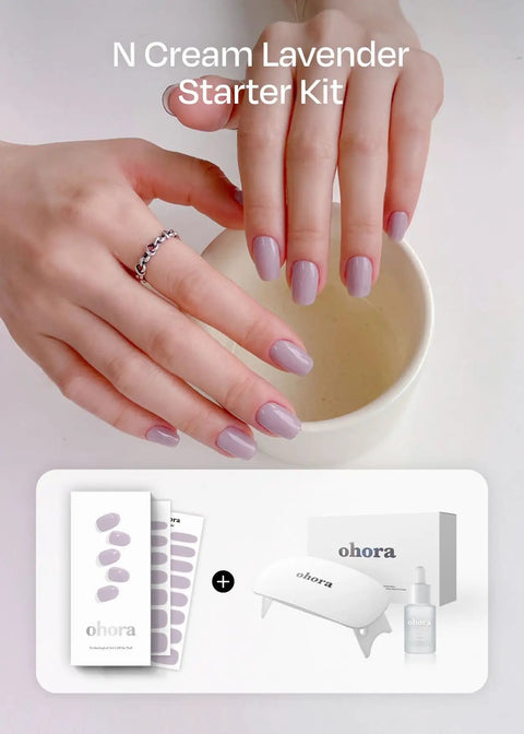 Hands with lavender nails and Semi-Cured Gel Nail Strips Value Set With Lavender Starter Kit Including Full Size Lamp And Mini Remover