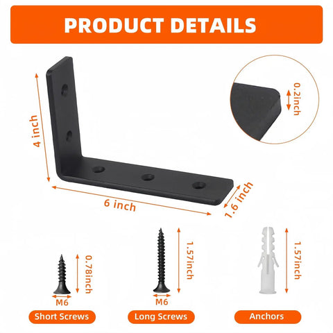 Badass Heavy Duty Floating Shelf Brackets 6 Pack Black Industrial Metal L Brackets 6 inch long with mounting screws and anchors.