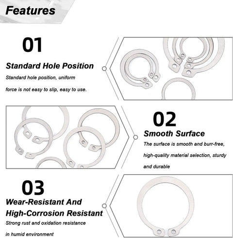 Precision Machined Heavy Duty Stainless Steel External Circlips 30 Pack features standard hole position and smooth surface design.