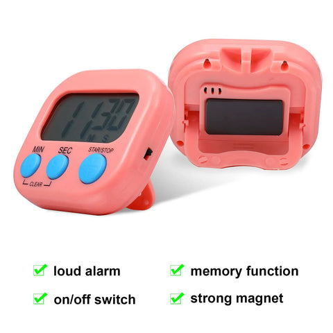 Front and back view of pink timer from Six Pack Magnetic Digital Kitchen Timers Set With Loud Alarm And Large Digits, Countdown To 99 Minutes 59 Seconds.