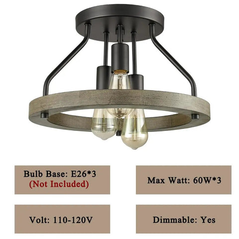 Farmhouse Flush Mount Ceiling Light With Metal And Wood Open Frame, E26 LED Compatible, 3 Light Fixture, exposed bulbs view