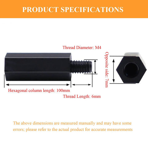 Pro Grade Nylon Hex Standoff Spacers M4 Threaded Six Millimeter Frame Forty To One Hundred Millimeter Length One Hundred Piece Bulk Pail product specifications showing dimensions and structure.