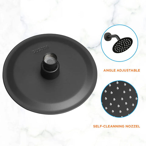 Sleek Matte Black Shower Head And Faucet Trim Kit Featuring Six Inch High Pressure Rainfall Spray and Smooth Single Handle Mixer Valve For Major Bathroom Glow Ups, showing top view of adjustable rainfall spray face.