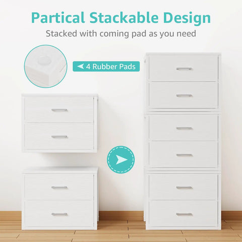 Stackable Fabric Storage Drawers 2 Pack White Closet Organizer showcasing collapsible drawers with rubber pads.