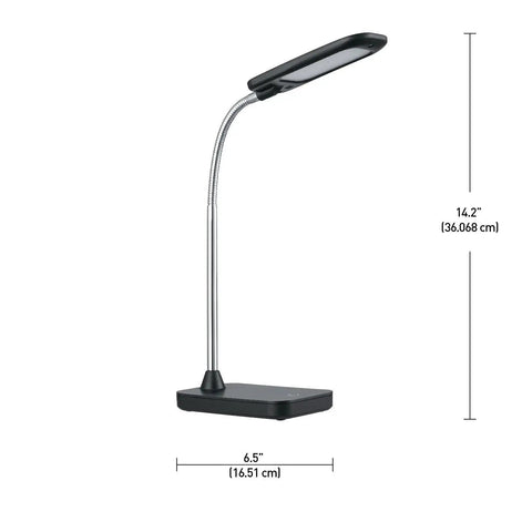 Ross 16 Inch Integrated LED Desk Lamp In Matte Brass With Dimmable Rotary Switch Pivoting Head For Precise Task Lighting Built In 2.1A USB Port Modern Mid Century Style Clean Lines Energy Saving Desk Workspace Essential, side view showing dimensions.