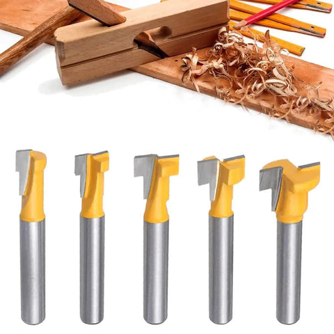 Five Piece T Slot Router Bit Set For T Track Grooving With Tough Carbide Cutters That Drop Dead Smooth Cuts On Plywood Mdf And Hardwood For Zero Stress Bolt Setup In Any Workbench Shop, displayed on wood.
