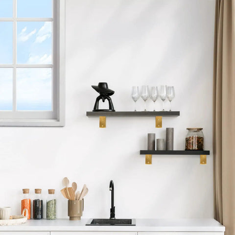 Slick Gold Finish Stainless Steel L Brackets Four Pack supporting modern floating shelves in a stylish kitchen setting.