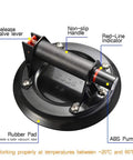 Close-up of 8-Inch Glass Vacuum Lifter Handheld With Handle, showing release valve, non-slip handle, rubber pad, and red-line indicator.