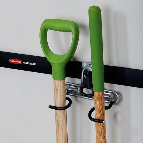 FastTrack Wall Double S Hook Garage Organizer Set, 2 Pack For Hand Tools holding two garden tools on a wall rail.