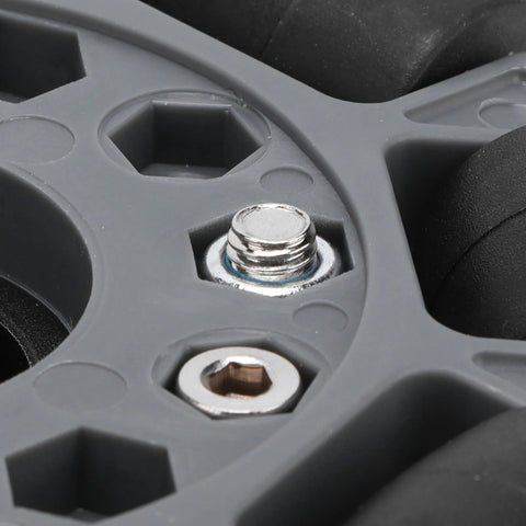 Close-up of 100mm omni wheels for robots showcasing durable nylon-rubber construction and metal fixtures for enhanced stability and precision.