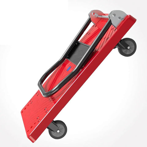 Heavy Duty Folding Platform Cart And Four Wheel Hand Truck That Makes Moving Heavy Loads No Sweat For Hauling Grocery Gear Garden Supply Paper Cardboard Boxes Around House Or Warehouse Daily, angled view.