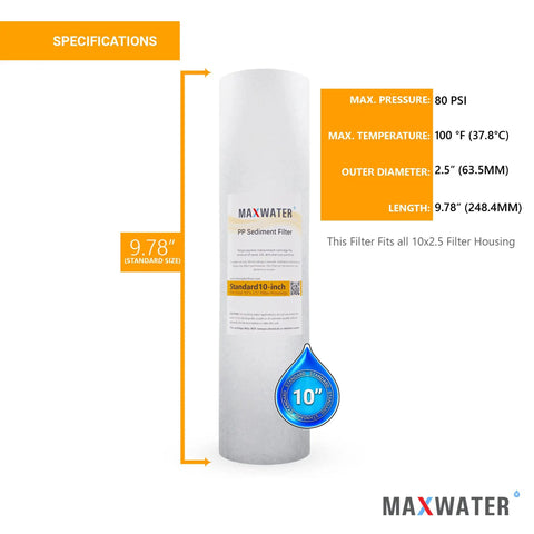 10 Inch By 2.5 Inch 5 Micron Sediment Filter Cartridge For Whole House Water Systems Melt Blown Filtration For Clean Fresh Tasting Water Heavy Duty Performance Pack Of 50 product image with specifications.