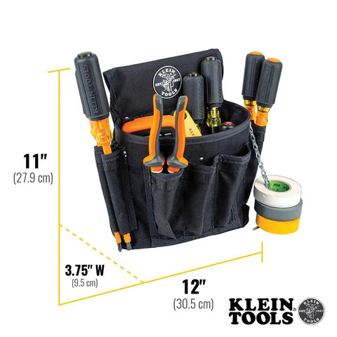 Pro Grade Electrician Tool Belt and Pouch Set With Padded Belt, 8 Pocket Pouch, Cordura Heavy Duty, shown with tools, 12 by 11 inches.
