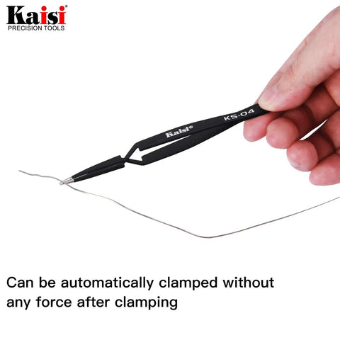 Hand holding ESD Anti Static Precision Tweezers Set Includes 8 Pairs Of Stainless Steel Tweezers clamping thin wire