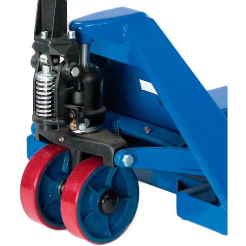Built Tough Low Profile Pallet Jack Truck Killer Workhorse For Smooth Lifting Action And Heavy Load Handling showing wheels and hydraulic pump.