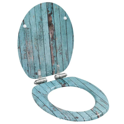 Built Tough Smooth Soft Close Toilet Seat Set Featuring Rustic MDF Wood Finish And Rock Solid Zinc Hinges For Quick No Sweat Bathroom Refresh Upgrade - open view with rustic blue wood design.