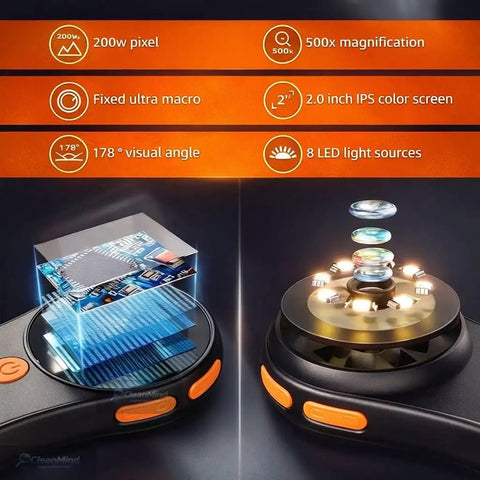 Handheld 500x Microscope With 2.0 Inch IPS Screen USB Connection For Electronics Jewelry Coins Trichomes Magnifier Real Time Viewing Great For Kids And Hobbyists, black and orange