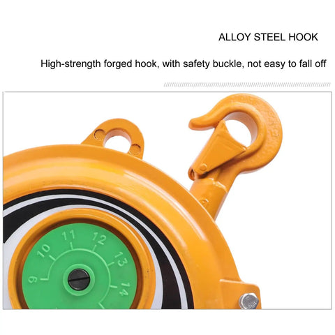 Alloy steel hook of Retractable Tool Balancer Hanger For Workshops And Factories showing safety latch and part of orange body