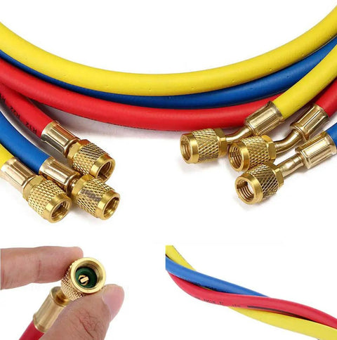 60 Inch Refrigerant Charging Hose With Ball Valve For R134A R12 R22 R502 R404 HVAC Manifold Gauge 1/4 Inch Threads 3 Color Coded Red Yellow Blue Set Of 3