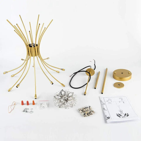 Assembly components of Glam Gold 13 Bulb LED Pendant Light Chandelier with Crystal Flower Shade, including rods and wiring.