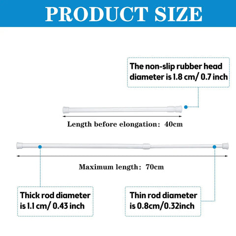 Illustration showing product size of 8 Pack Adjustable Window Security Bars For Sliding Doors 15.7 To 27.6 Inches Half Inch Diameter White With Rubber Tips Easy Install Window Lock Bars For Home Bathroom Cupboard Extra Protection And Peace Of Mind