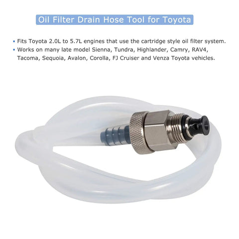 Oil Filter Drain Hose Tool For Toyota Lexus Scion 2.0L To 5.7L Cartridge Style Engines Keeps Oil Change Clean By Draining The Filter Housing Before Removal Fits Sienna Tundra Highlander Camry RAV4 showing 30 inch hose and metal connector