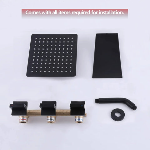 Three Handle Matte Black Tub And Shower Faucet Set With Waterfall Spout Four Point Eight Inch Tub Spout Trim Kit With Valve Vintage Modern Look That Feels Sleek And Makes Filling Quick And Easy, showing all installation items.