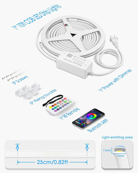 Hella Bright 10Ft Bluetooth COB LED Strip Lights With Flex Remote And Smart App Music Sync Dimmable IP67 Waterproof RGB Neon Rope Light components