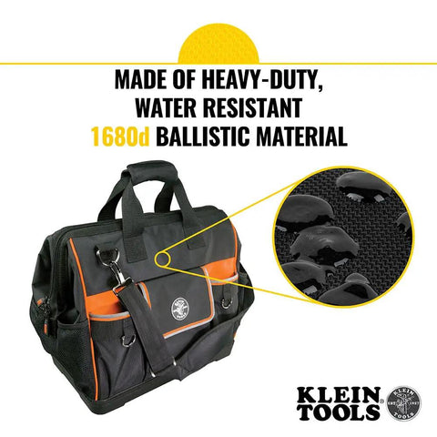 Tradesman Pro Wide Open Tool Bag with 1680 Ballistic Weave Molded Bottom, detachable strap, and orange interior.