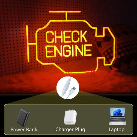 Check Engine neon sign in warm white LED lights with a power bank, charger plug, and laptop for demonstration