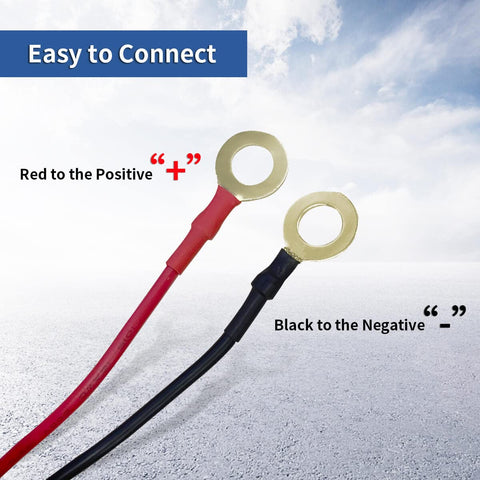 Close-up of 10ft Heavy Duty LED Light Bar Wiring Harness Kit With 12AWG Power Relay, showing red and black terminal connectors.