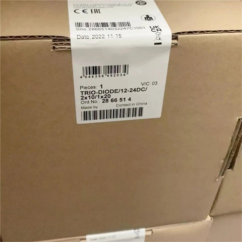 Built Tough Industrial Control Power Supply Module for PLC Systems 12-24V DC Input With 2x10 and 1x20 Outputs, TRIO-DIODE Compatible 2866514, High Efficiency Compact Power Unit for Automation Projects, Mount and Reliable Performance. Brown shipping box with TRIO-DIODE 12-24DC label and barcode.