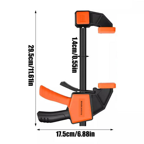 Heavy Duty Woodworking Bar Clamps With Quick Release, Steel Construction, showing dimensions, orange and black design.
