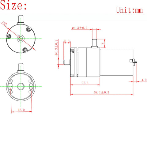 Micro DC 12V air pump technical drawing; front and side views for medical instrument use