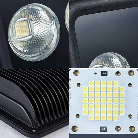 Close-up view of Super Tough 500W Led Flood Light IP66 Waterproof Outdoor Security And Work Light, lens, heat sink, circuit board.