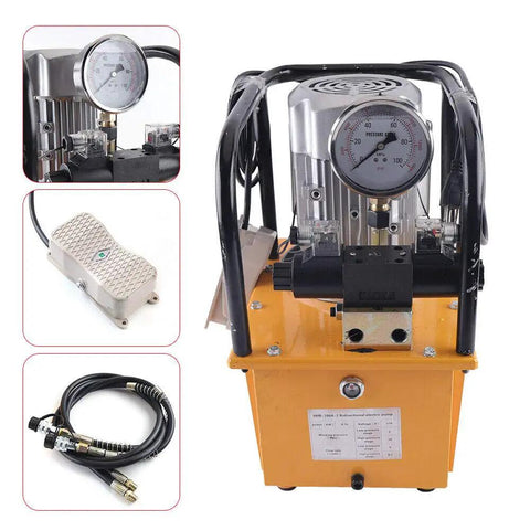 Heavy Duty 110V Electric Hydraulic Pump With 7L Tank And Solenoid Valve Double Acting Power Unit Built Tough featuring pressure gauge and foot switch.