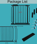 Package components of Extra Wide Pressure Mounted Baby Gate For Stairs And Openings, includes gate panels, extensions, and hardware.