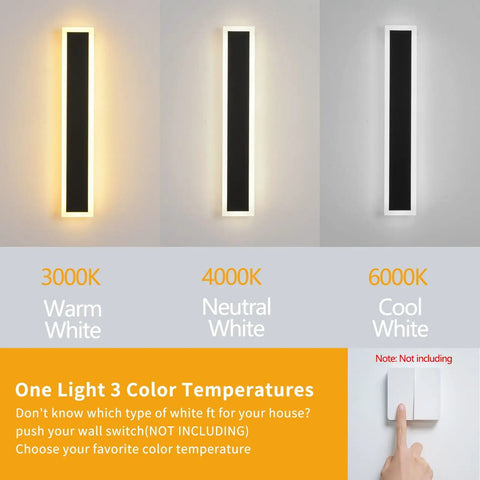 Three Color Change Outdoor Wall Light LED 12W Black Metal Sconce With Acrylic Lens Waterproof Exterior Lighting Fixture Perfect For Patio Garage Front Door And Porch Modern Outdoor Lighting To Boost Curb Appeal showing warm, neutral, and cool white light.