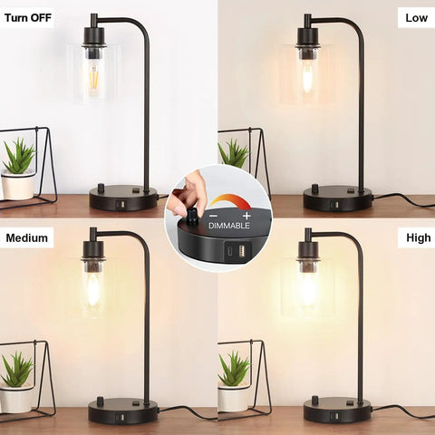 Industrial Table Lamp With USB A And C Ports And Outlet Fully Stepless Dimmable Modern Nightstand Lamp With Dope Glass Shade showcasing dimmable settings from off to high on a wooden surface with plants beside.