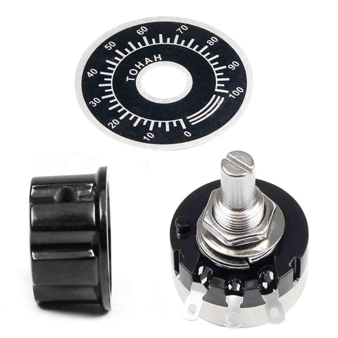 10K Ohm Potentiometer Single Turn Carbon Film Rotary Taper For Inverter Speed Control With 2 A03 Knobs And 2 Dials, 2-Watt 3-Pin